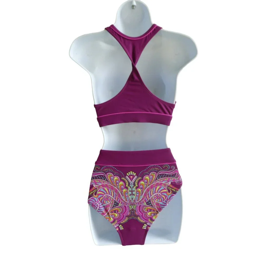 Athleta Swim Bikini Top Bottoms Berry Paisley Padded Racer Back Coverage M